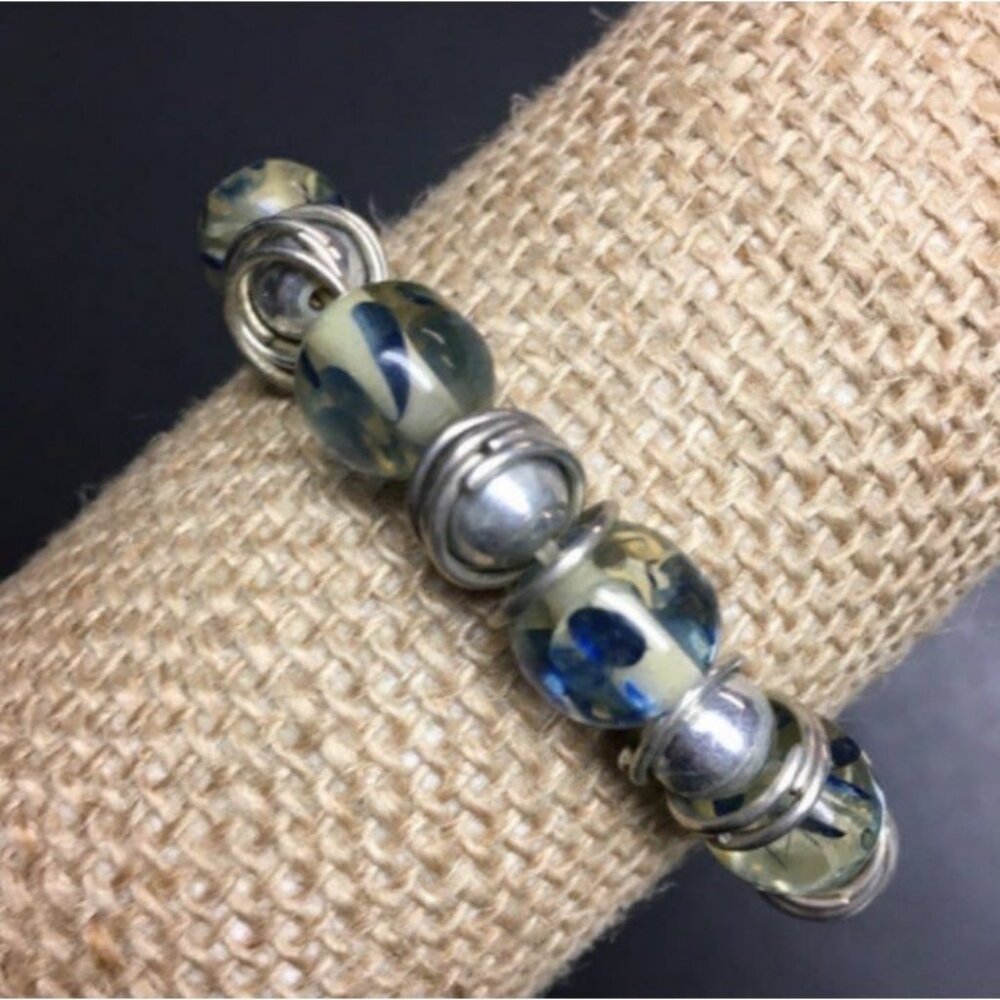 Stretch Bracelet Blue Yellow Clear Silver Wrap Wire Retro BoHo Vintage 80s 90s